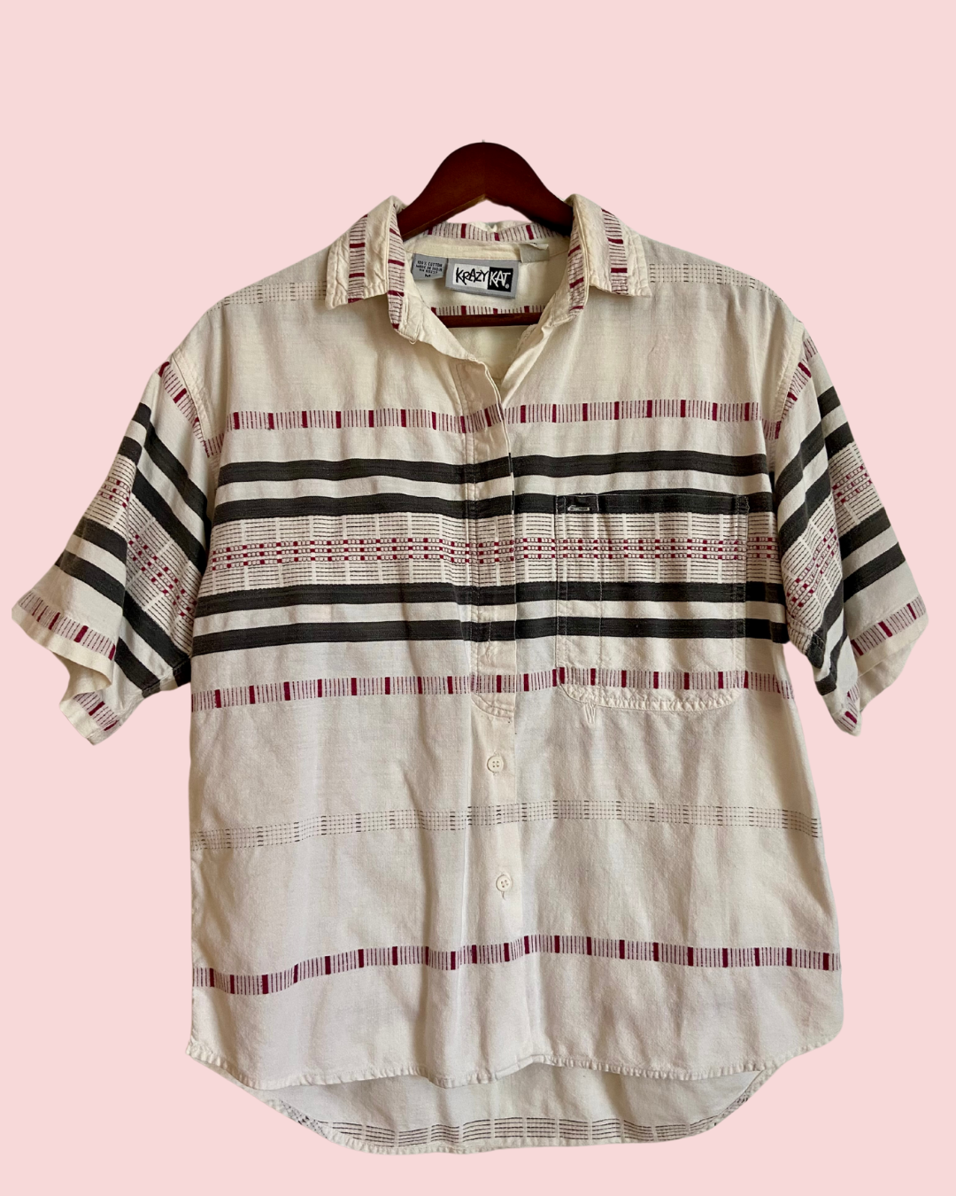 Vintage 1980's Krazy Kat Cotton Weaved Striped Short Sleeved Button Down