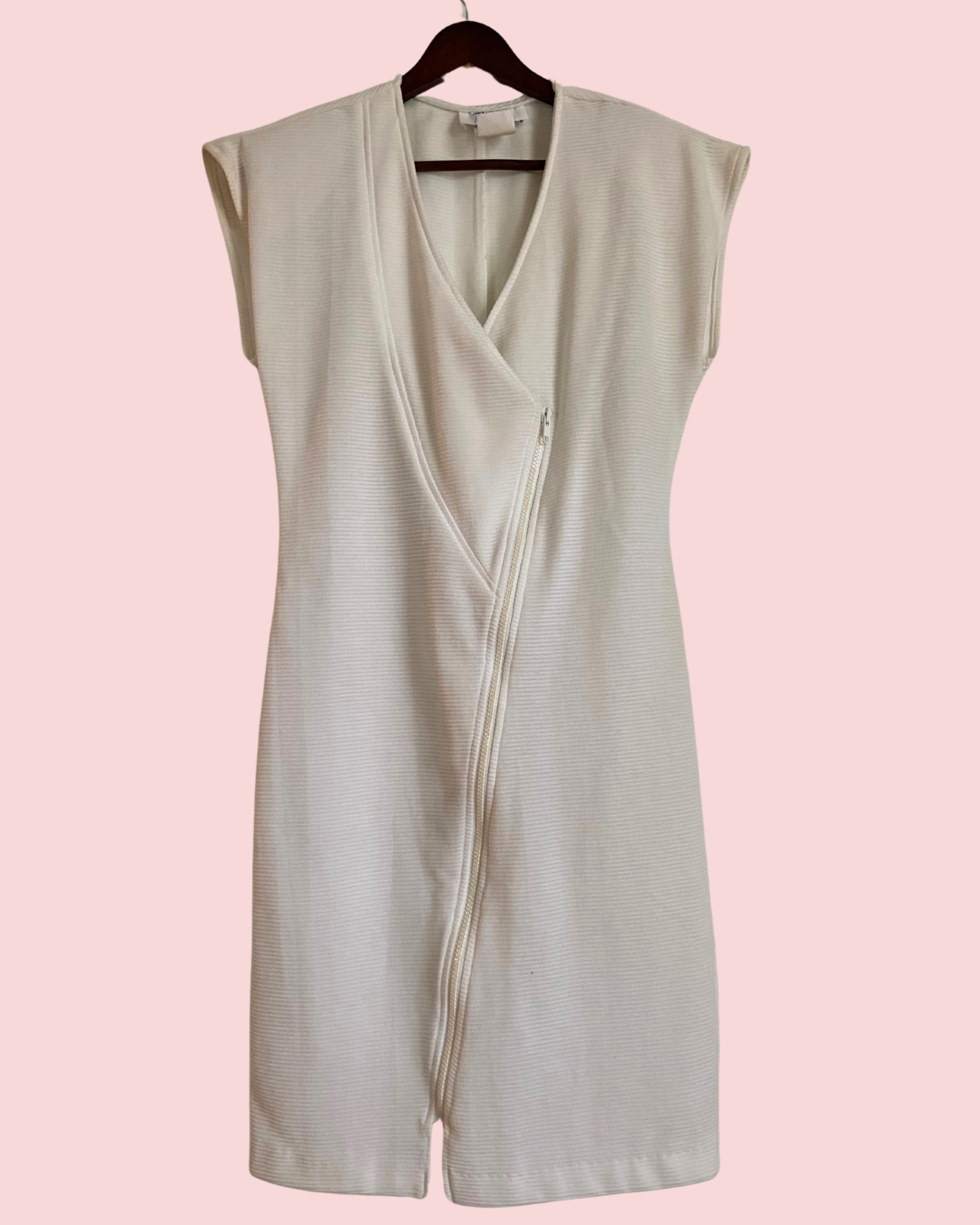 1980's Avon Fashions Ribbed Zipper Body Con White Dress with Shoulder Pads