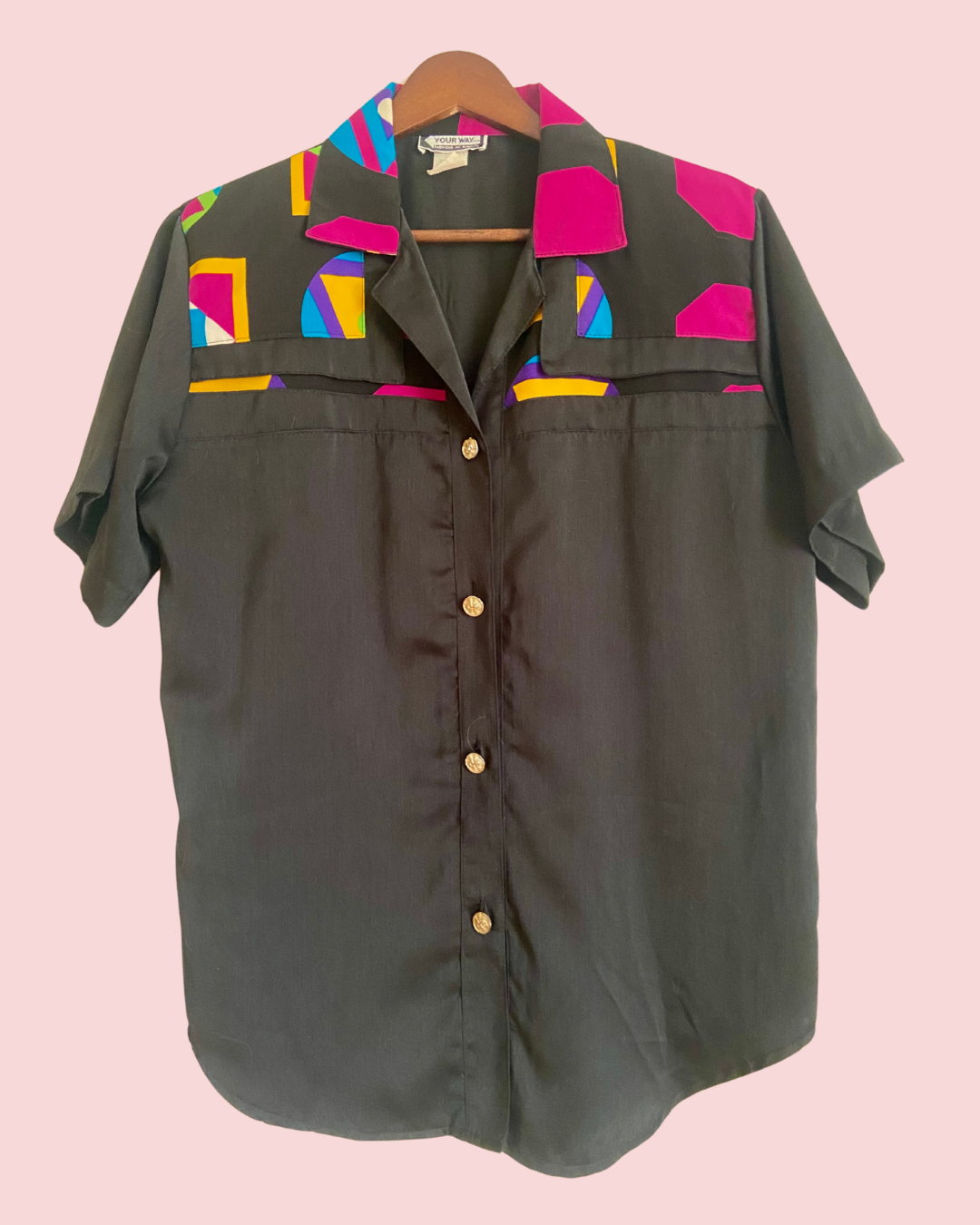 Vintage 1980's Your Way USA Short Sleeved Polyester Button Up Top
