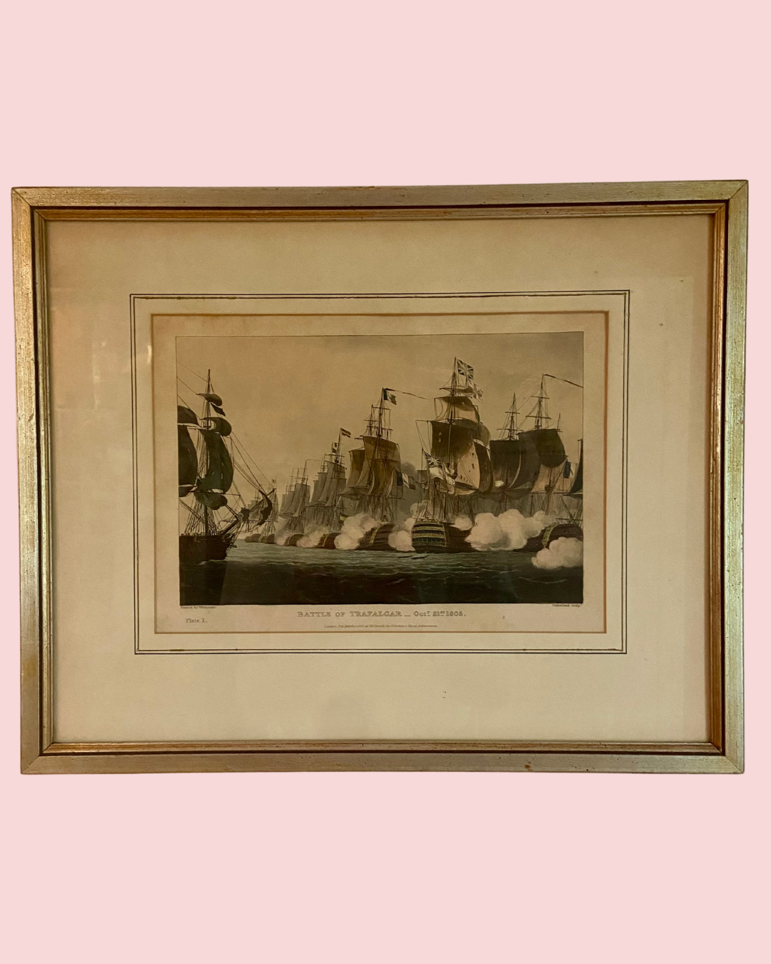 Antique Hand Colored Framed T. Whitcomb Battle of Trafalgar Engraving