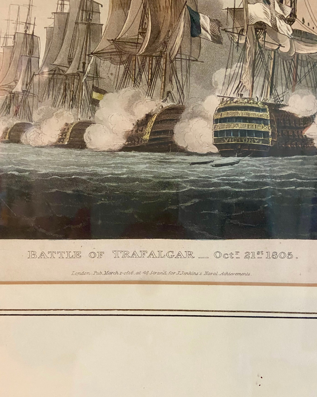 Antique Hand Colored Framed T. Whitcomb Battle of Trafalgar Engraving