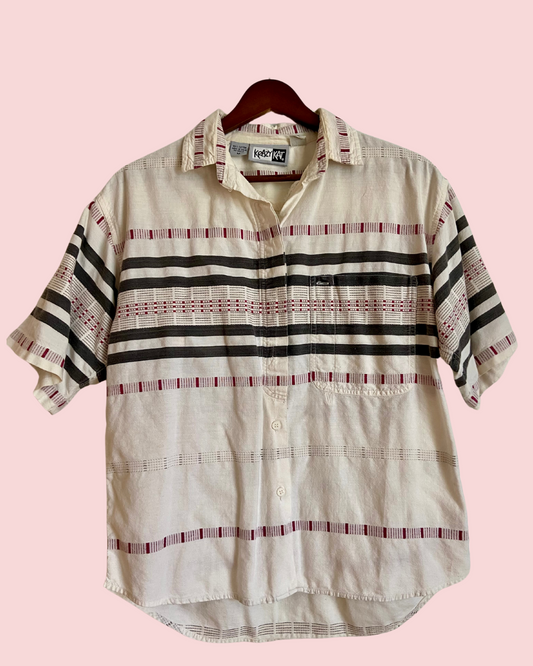 Vintage 1980's Krazy Kat Cotton Weaved Striped Short Sleeved Button Down