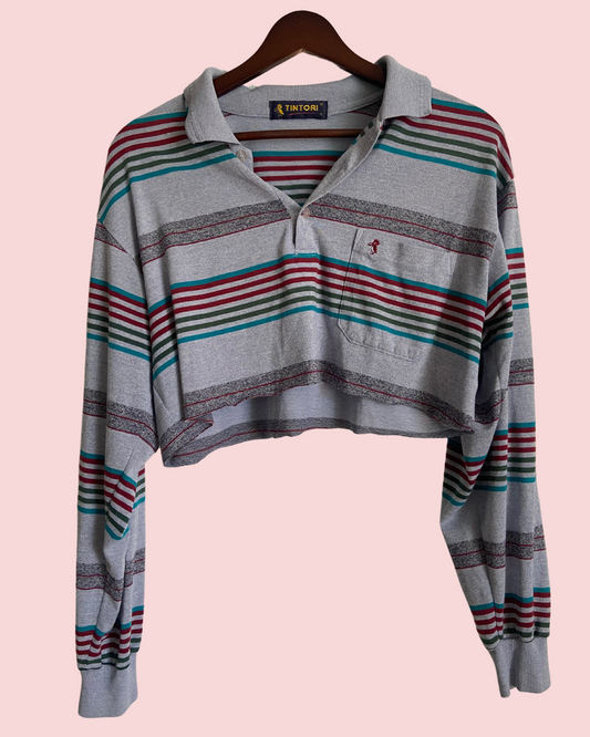 Tintori Women's Long-sleeved Collard Striped Cropped Top